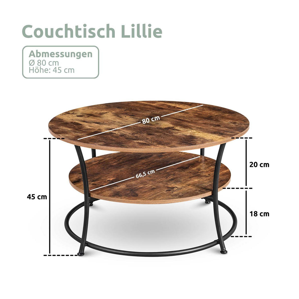 COUCHTISCH Lillie - Holzfarben / Metall - Ø 80cm - Naturfarben, Holzwerkstoff (80/80/45cm) - holz4home