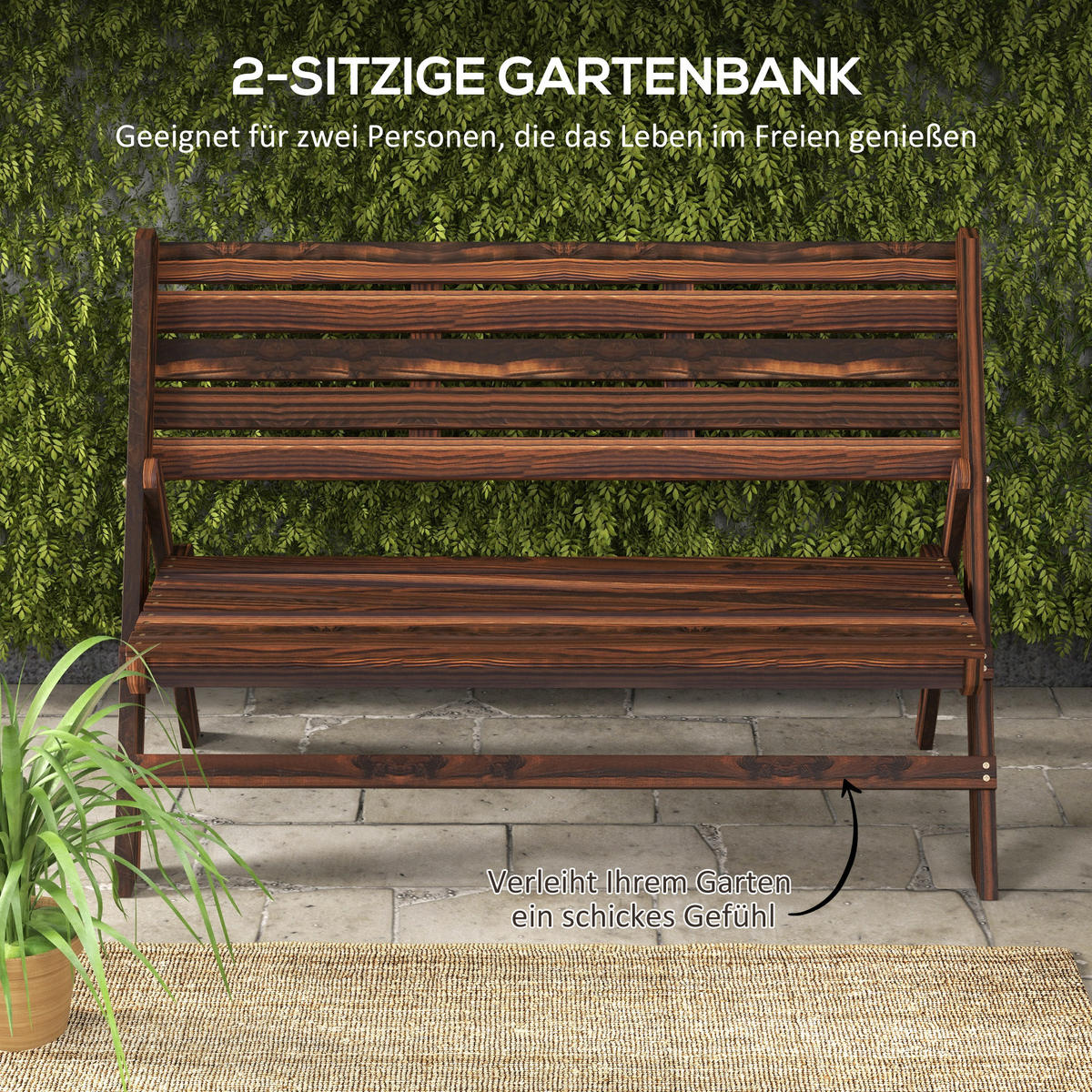 GARTENBANK, 2-Sitzer Sitzbank, Holzbank mit Rückenlehne, für Garten, Balkon, Verkohlt - Dunkelbraun, Holz (63/83/122cm) - Outsunny