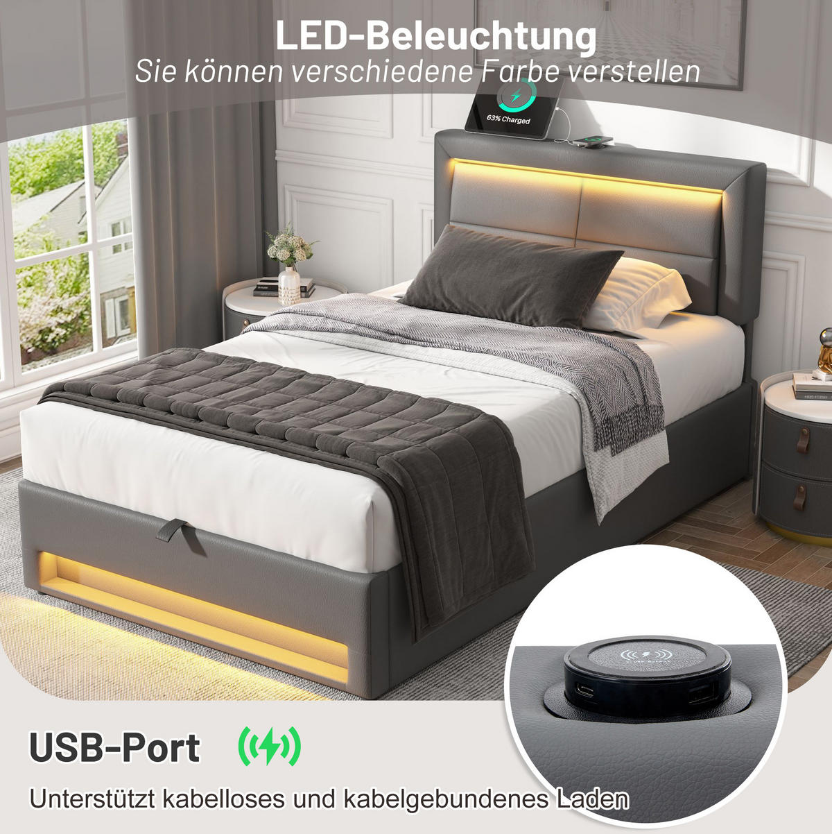 ČALOUNĚNÁ postel 90/200 cm z PU šedá, s LED, USB nabíjením a úložným prostorem - šedá, plast (90/200cm) - Modenvie