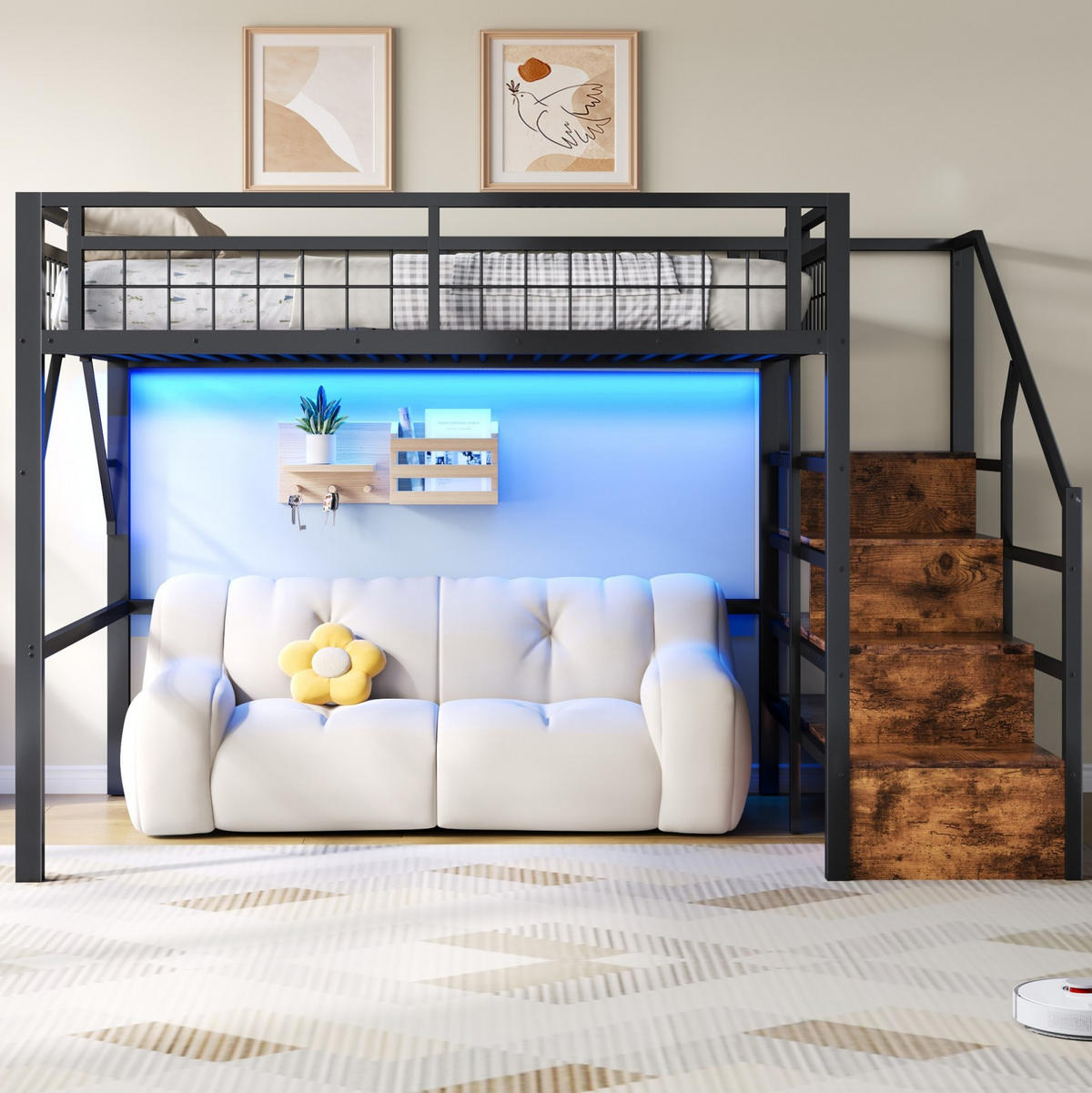 HOCHBETT 140/200 cm aus Metall mit LED-Beleuchtung und Stauraumtreppe - Schwarz, Metall (140/200cm) - Flora Grace