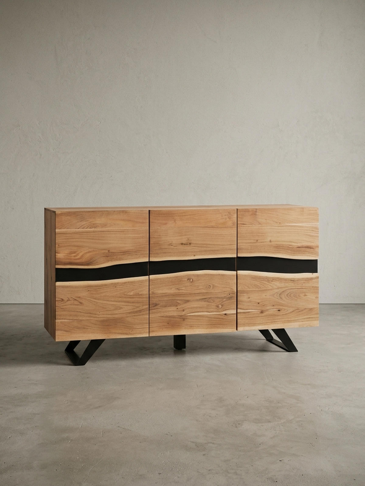 SIDEBOARD – Akazie Massivholz, 148x85x43 cm, Baumkante, Landhausstil, breit - Schwarz/Braun, Akazienholz/Holz (148/85/43cm) - KADIMA DESIGN