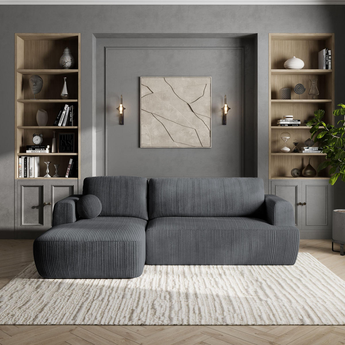 ECKSOFA SENTI P L-S Grau Kordstoff mit Schlaffunktion - Schwarz/Grau, Holz/Kunststoff (246/148cm) - MASSENO