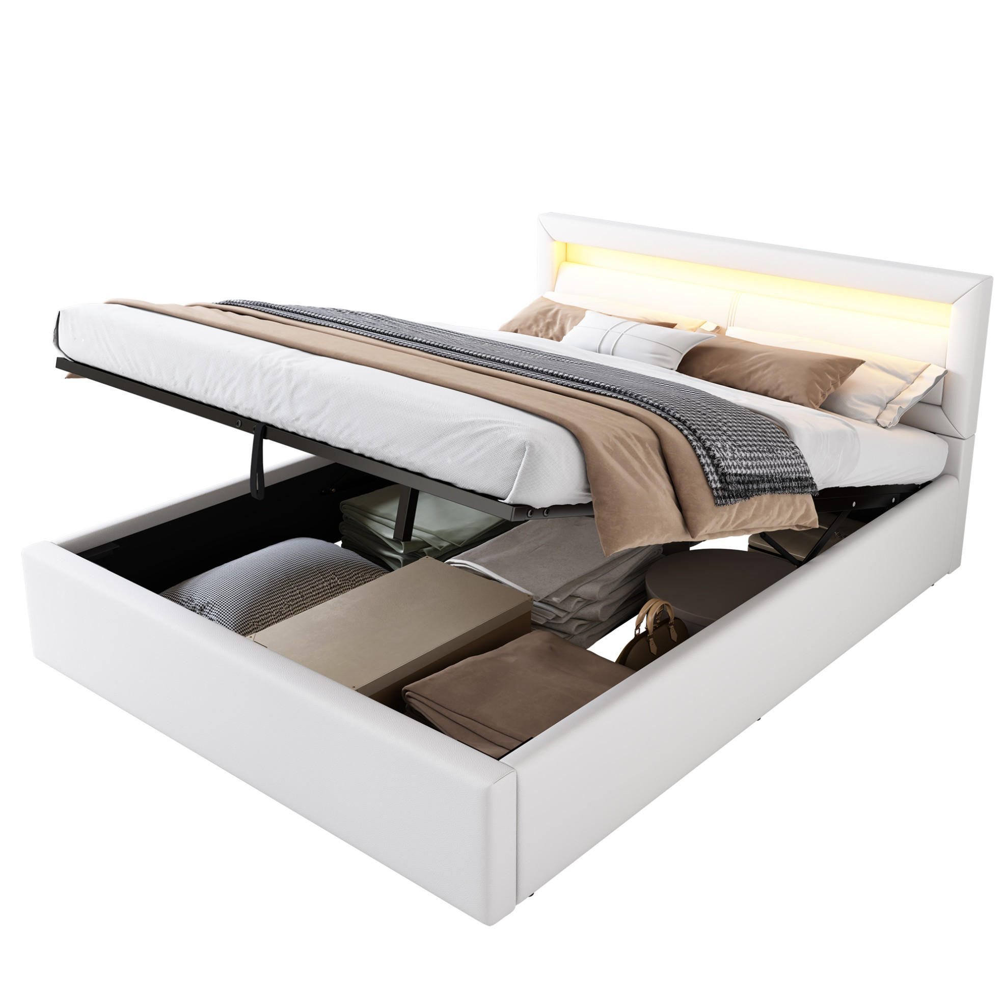 POLSTERBETT 140/200 cm Weiß mit Stauraum und LED-Beleuchtung aus Kunstleder - Weiß, Kunststoff (140/200cm) - OKWISH