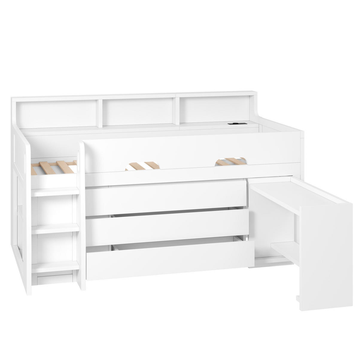 HOCHBETT 90/200 cm aus MDF und Sperrholz mit fahrbarem Schreibtisch und Stauraum Weiß - Weiß, Holzwerkstoff (90/200cm) - Modenvie