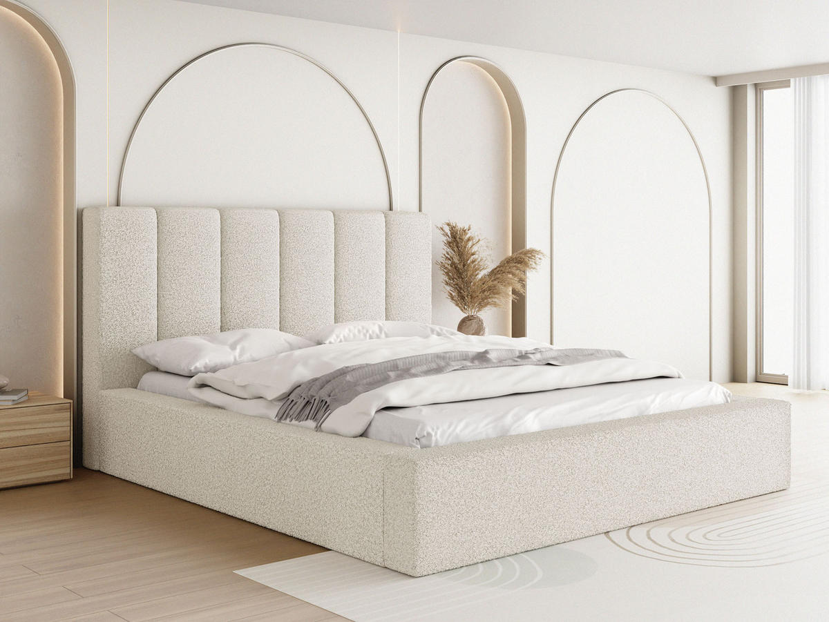 POLSTERBETT Amira mit Bettkasten, Creme Boucle 160x200 cm - Birkefarben/Schwarz, Holz/Holzwerkstoff (160/200cm) - WFL GROUP