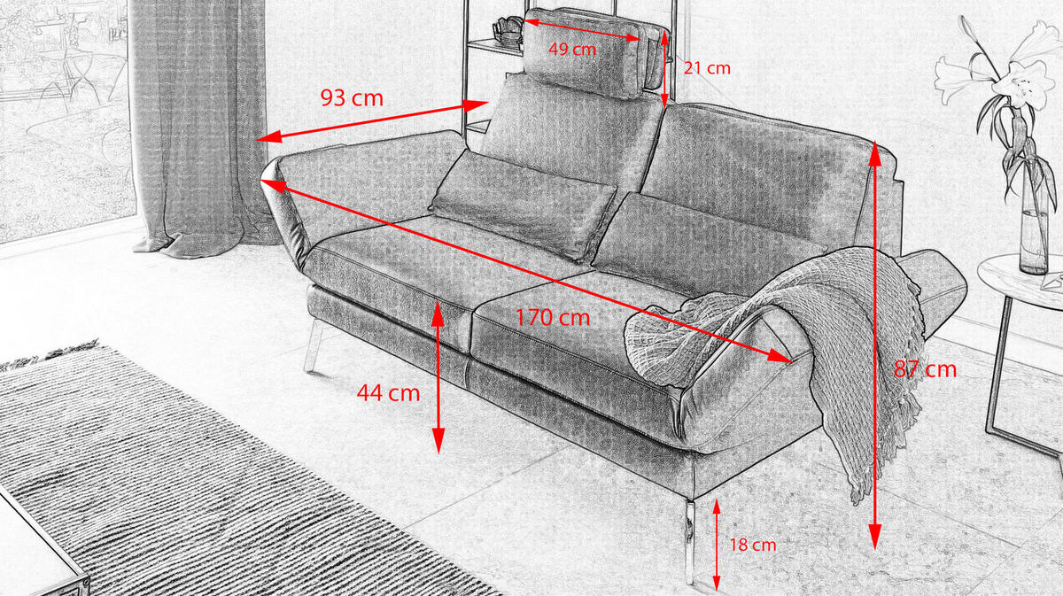 LEDERSOFA HURRICANE Hellgrau Leder - Silberfarben/Hellgrau, Leder (170/87/141cm) - KAWOLA