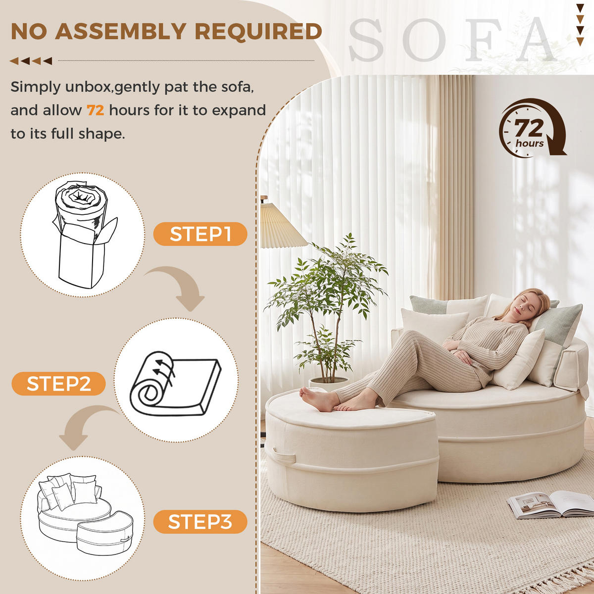 XXL-SESSEL DE-35026 mit Hocker und 5 Kissen Beige - Beige, Textil (121/66/163cm) - ComfortXL