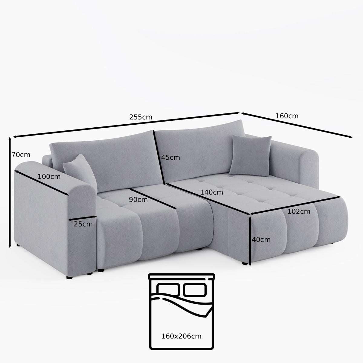 ECKSOFA RIVA Links Vanille Cord-Stoff L-Form Couch mit Schlaffunktion & Bettkasten - Schwarz/Weiß, Holz (255/160cm) - Barchello