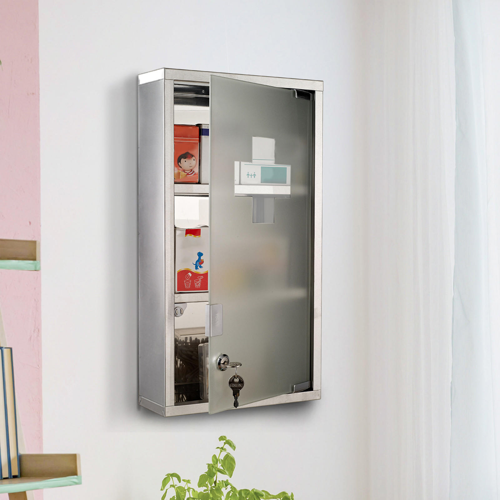 MEDIZINSCHRANK Arzneischrank Erste-Hilfe-Schrank mit Schloss 3 Fächer Stahl - Silberfarben, Glas (12/48/25cm) - HOMCOM