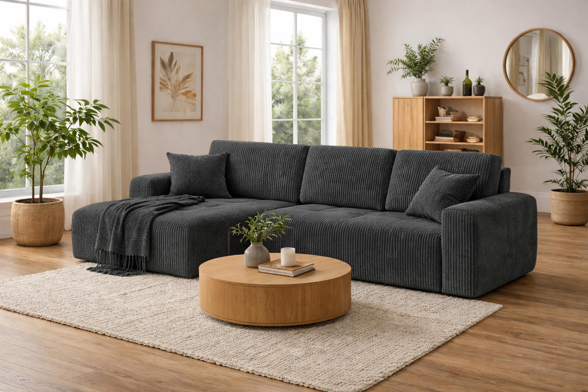 ECKSOFA Mit Schlaffunktion Und Bettkasten L-Form Ivo XL, Cordstoff Poso, Grau, Links - Grau, Holz (280/142cm) - Kaiser Möbel