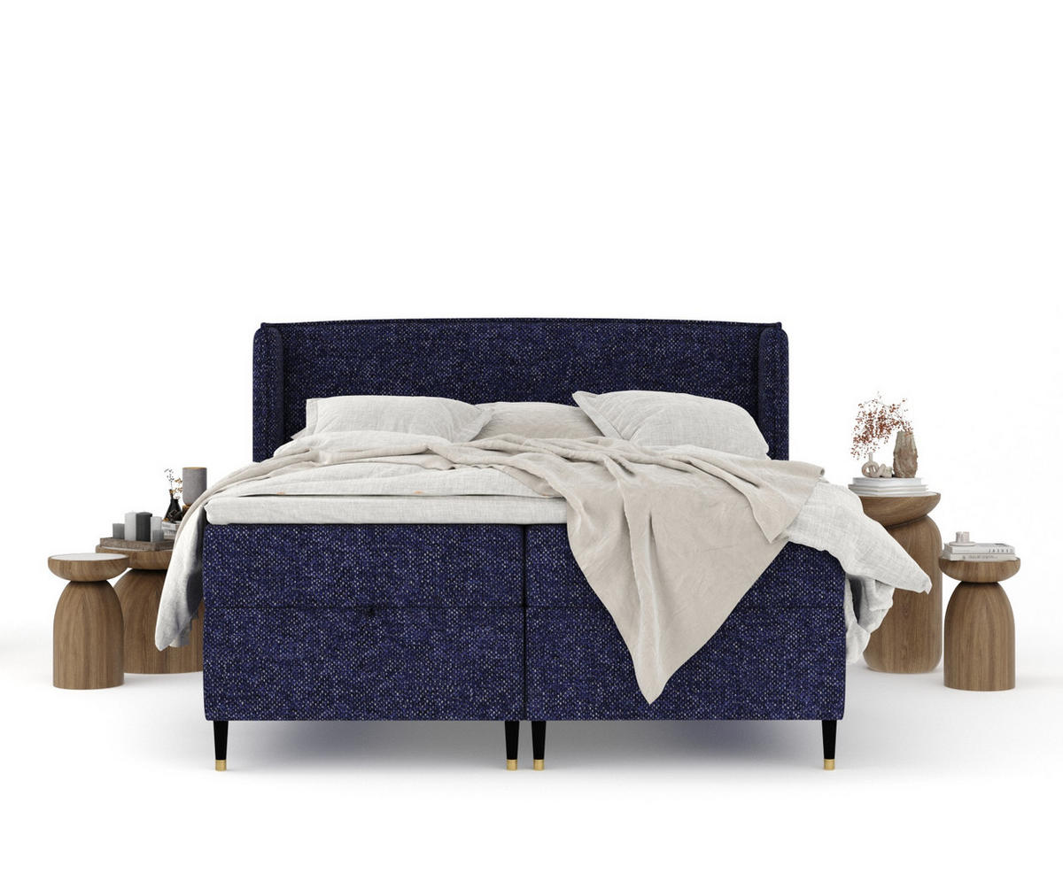 BOXBETT Monpelli Marineblau 140/200 cm mit Matratze und Topper - Schwarz/Dunkelblau, Holz/Holzwerkstoff (140/200cm) - Maison de Reve