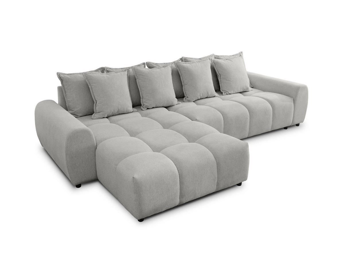 ECKSOFA Bubble mit losen Rückenkissen und Sitzfläche in Bubble-Optik aus weichem Hellgrau Strukturstoff mit schöner Sitzkomfort - Ottomane links - Hellgrau/Schwarz, Holz/Kunststoff (180/306cm) - S-Style Möbel