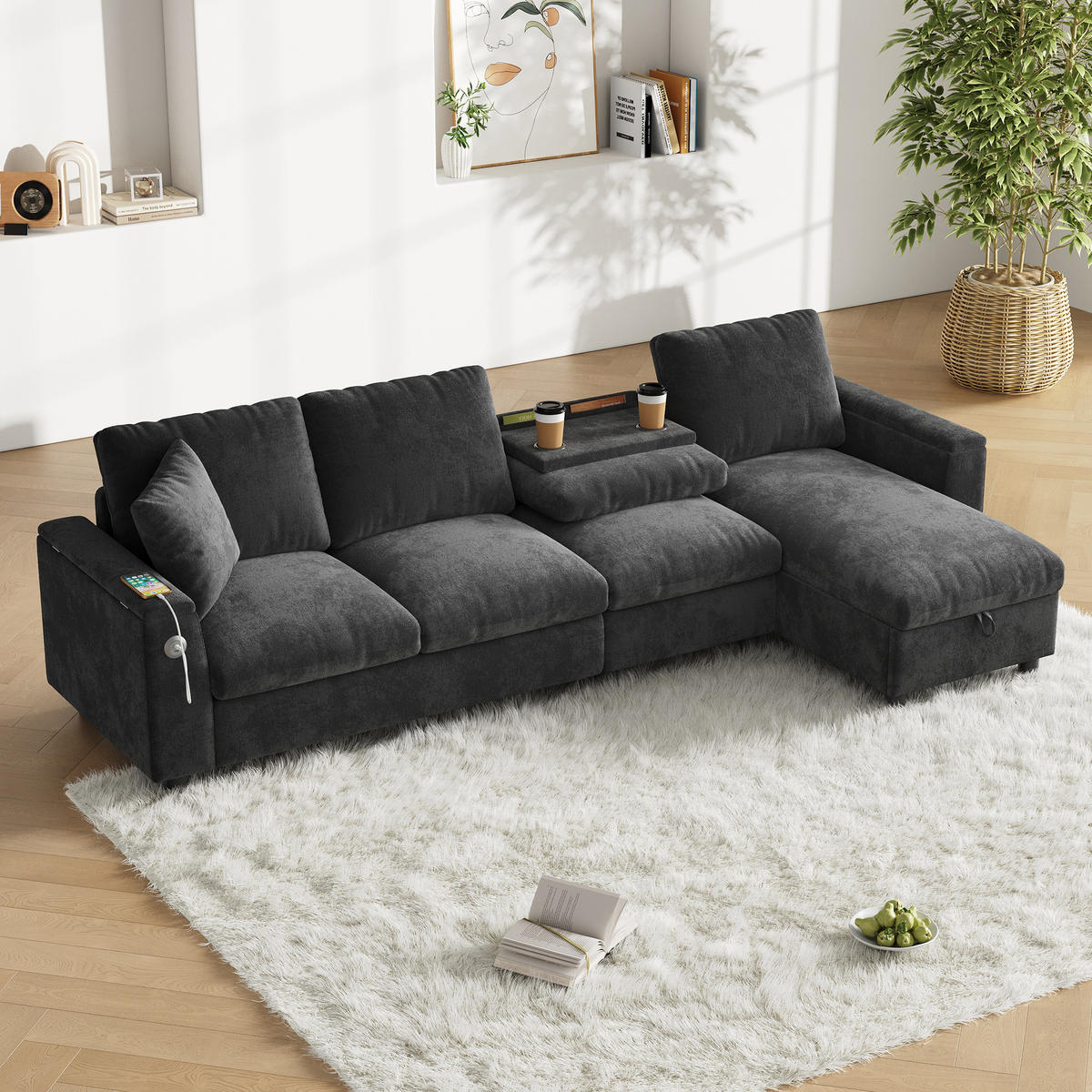 SOFA Grau L-Form Chenille Stauraum USB Couchtisch flexibel - Grau, Textil (137/84/280cm) - FLIEKS