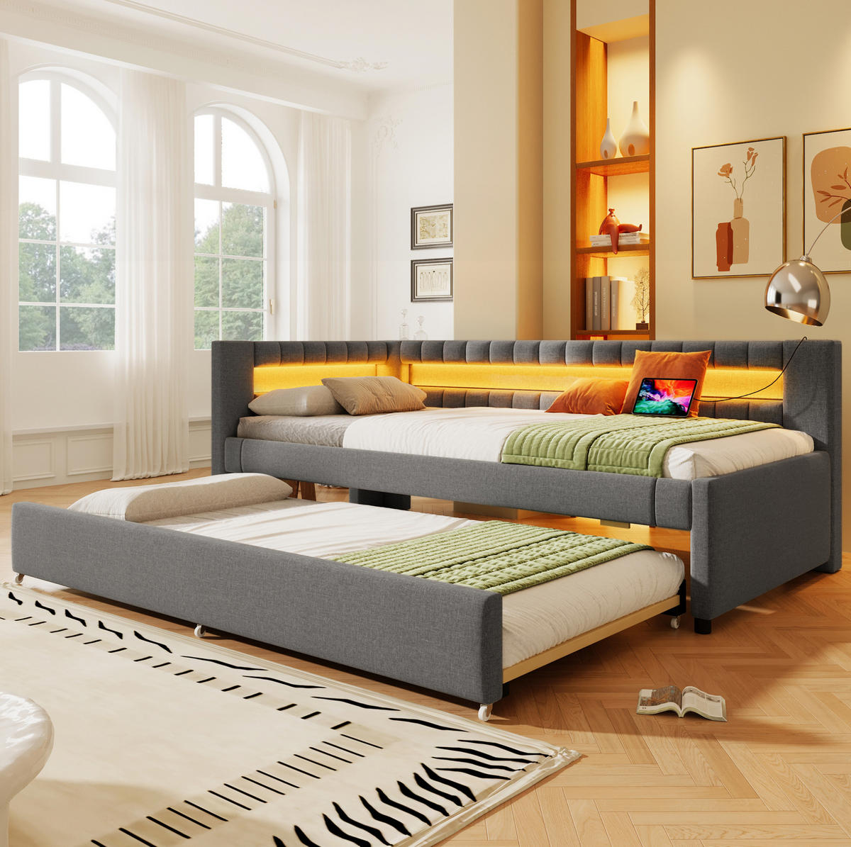 POLSTERBETT 90/200 cm Grau aus Leinen mit Ausziehbett und LED-Beleuchtung - Grau, Textil (90/200cm) - OKMYHOME