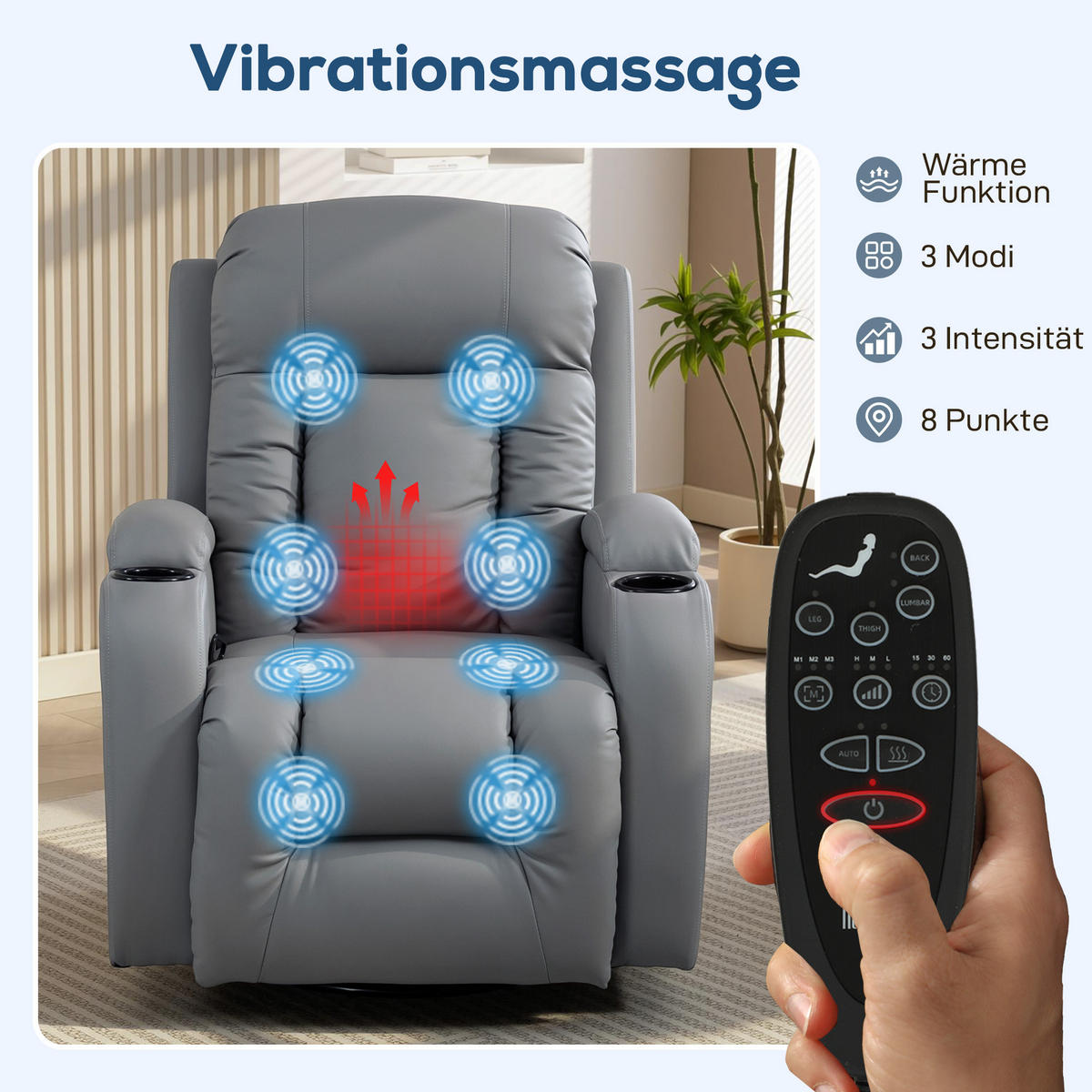 MASSAGESESSEL DE-06430 Wipp-, Liege- & Wärmefunktion, 145° neigbar, drehbar Hellgrau - Hellgrau, Metall (82/103/99cm) - ComfortXL