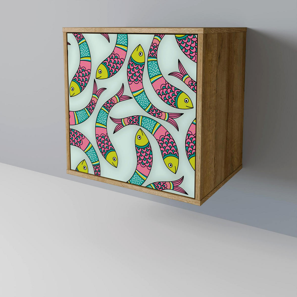 SIDEBOARD INDIAN FISH, Eichefarben, 57,5x42x70,5 cm, Schwarze Metall-Sternfüße - Eichefarben/Multicolor, Holzwerkstoff/Metall (57.5/70.5/42cm) - SpaceRebels