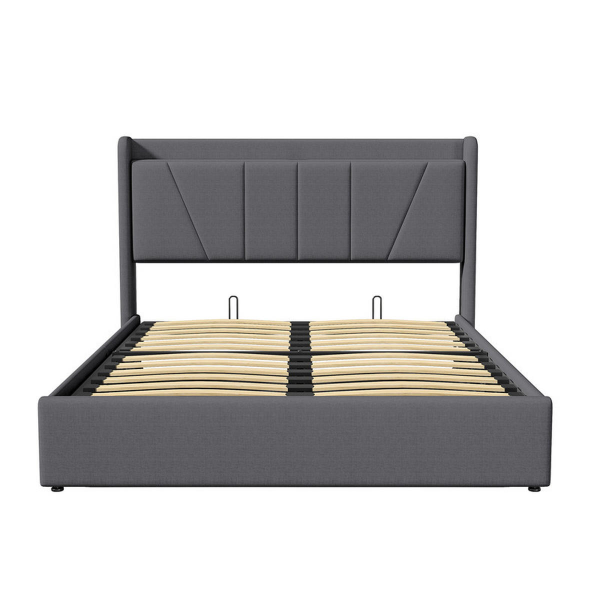 BETT 160 x 200 cm mit Stauraum, hydraulisch mit Staufach, Kopfteil und Lattenrost, Grau + Leinen - Grau, Holzwerkstoff/Textil