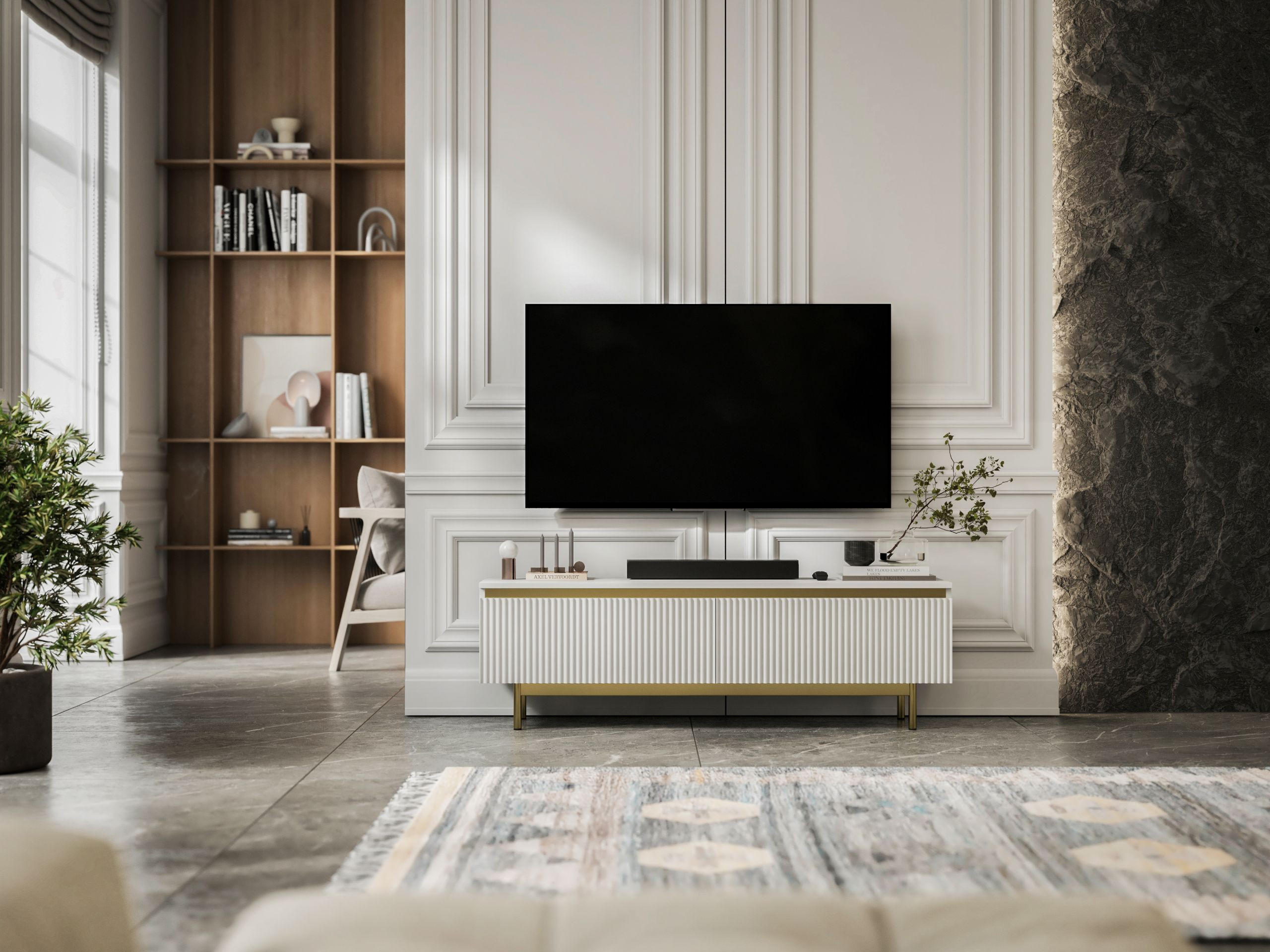 TV-SCHRANK Selene Weiß Matt 140 cm mit Metallrahmen Glamour - Goldfarben/Weiß, Holzwerkstoff (140/44/35cm) - Meble Lindner