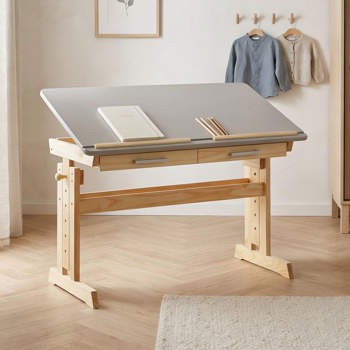KINDERSCHREIBTISCH OLIVIA natur/grau - Naturfarben/Grau, Holz (109/130/55cm) - IDIMEX