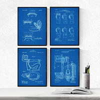 POSTER Set mit 4 BLAU Badezimmer Patent A4 Schwarzer Rahmen - Schwarz, Papier (29.7/3cm) - Nacnic