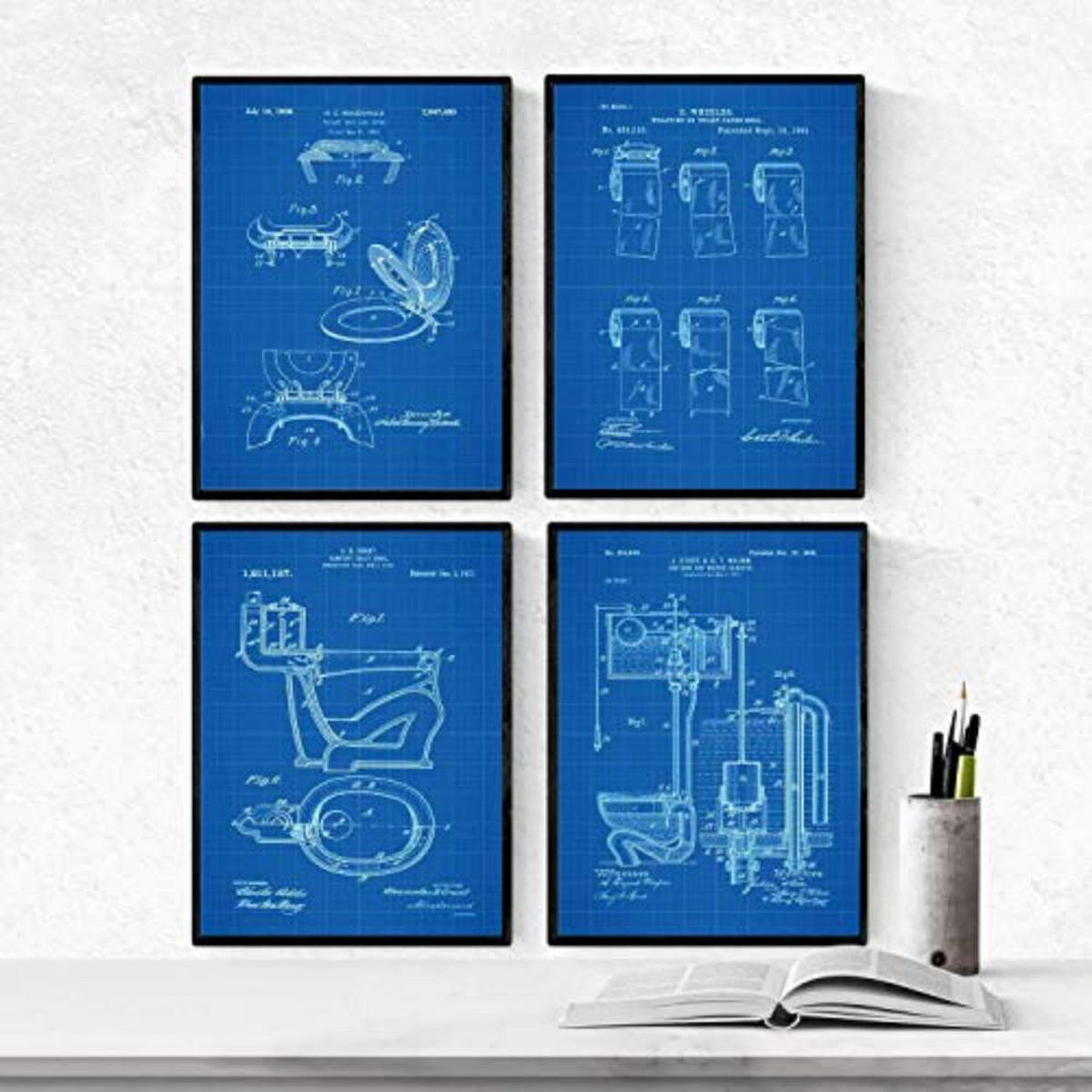 POSTER Set mit 4 BLAU Badezimmer Patent A4 Schwarzer Rahmen - Schwarz, Papier (29.7/3cm) - Nacnic
