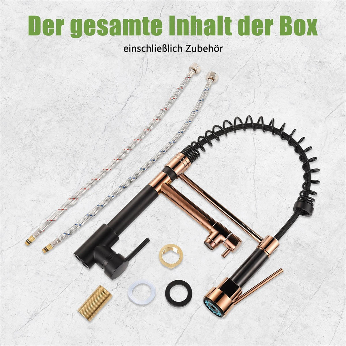 KÜCHENARMATUR ausziehbar mit Federführung 360° drehbar Spültischarmatur Mischbatterie - Schwarz +Roségold - Schwarz, Metall (17.5/46/4.5cm) - DELFA