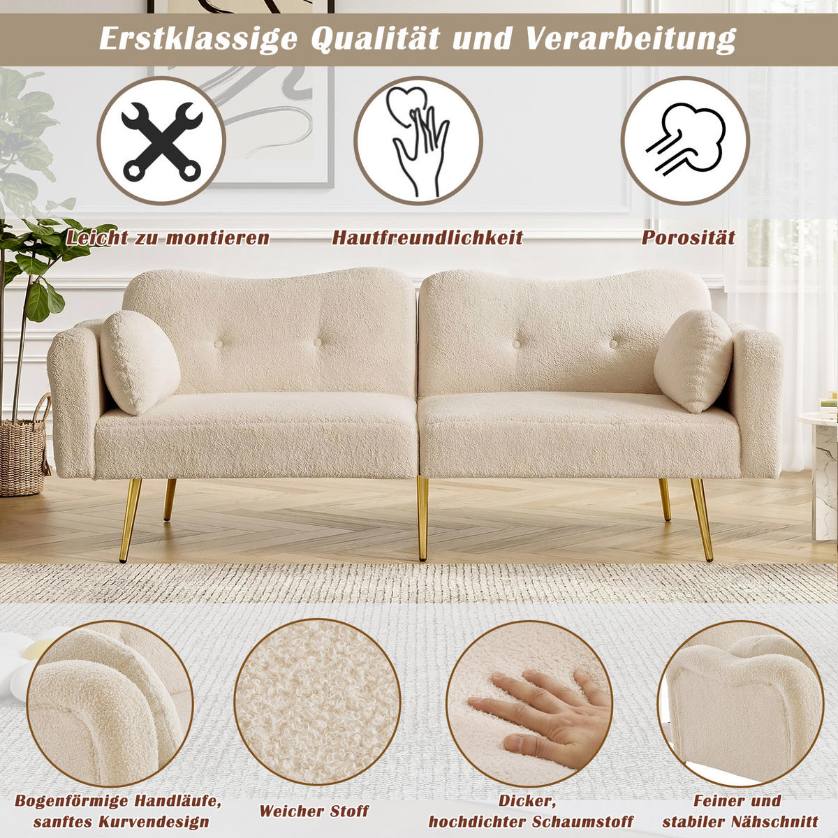 SOFABETT Zweisitzer Wollmisch-Bezug mit verstellbarer Rückenlehne Beige 175/79/82 cm - Beige, Textil (79/82/175cm) - Redom