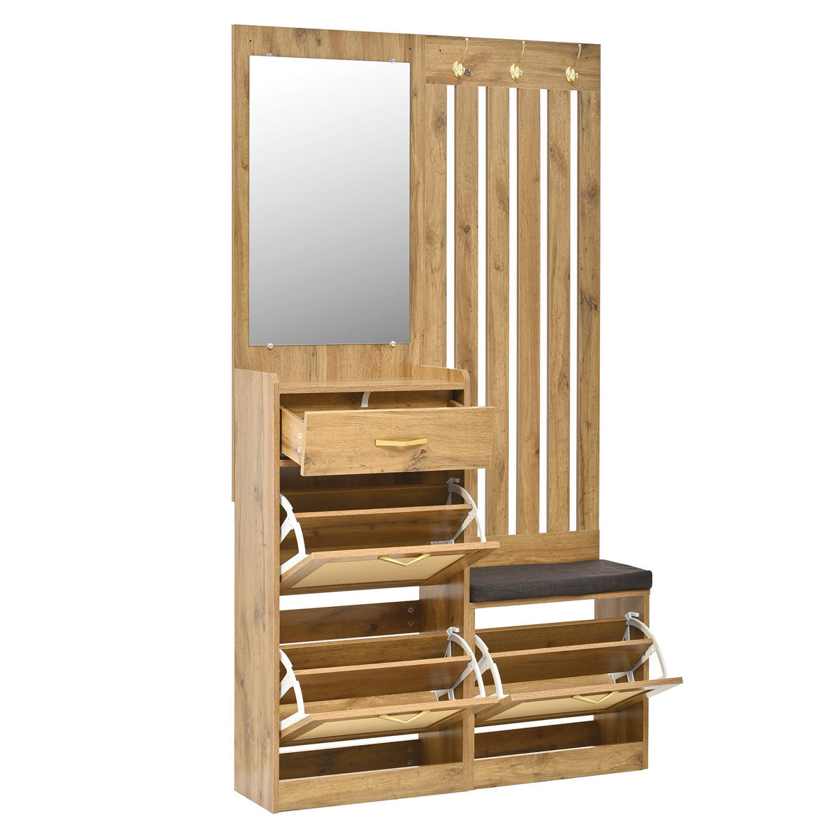 GARDEROBE Set mit Spiegel Sitzbank Schuhschrank Haken - Naturfarben, Holzwerkstoff (99.5/180/26cm) - FLIEKS