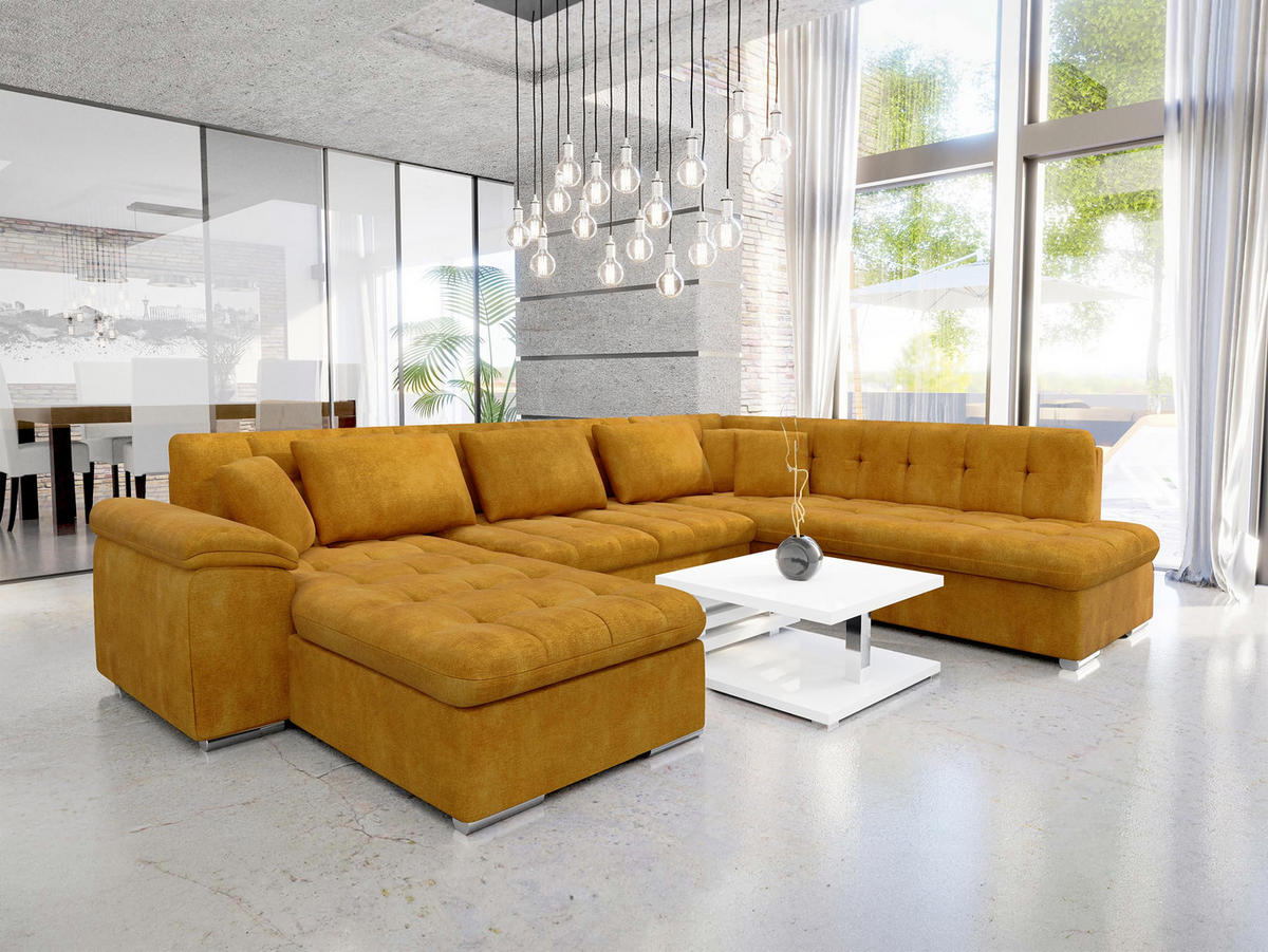 WOHNLANDSCHAFT Niko Bis, Seite: Links - Currygelb, Holz/Textil (348/76/205cm) - MIRJAN24