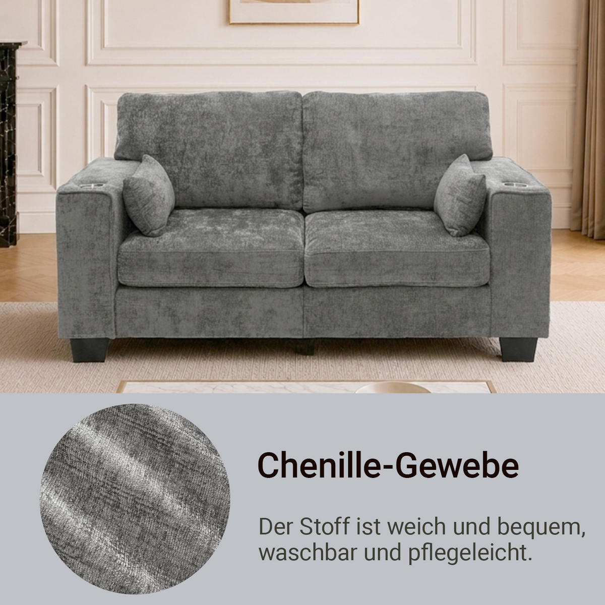 2-SITZER-SOFA 182 cm Chenille mit Getränkehaltern, DE-42913, Dunkelgrau - Dunkelgrau, Holz (182/96/79cm) - ComfortXL