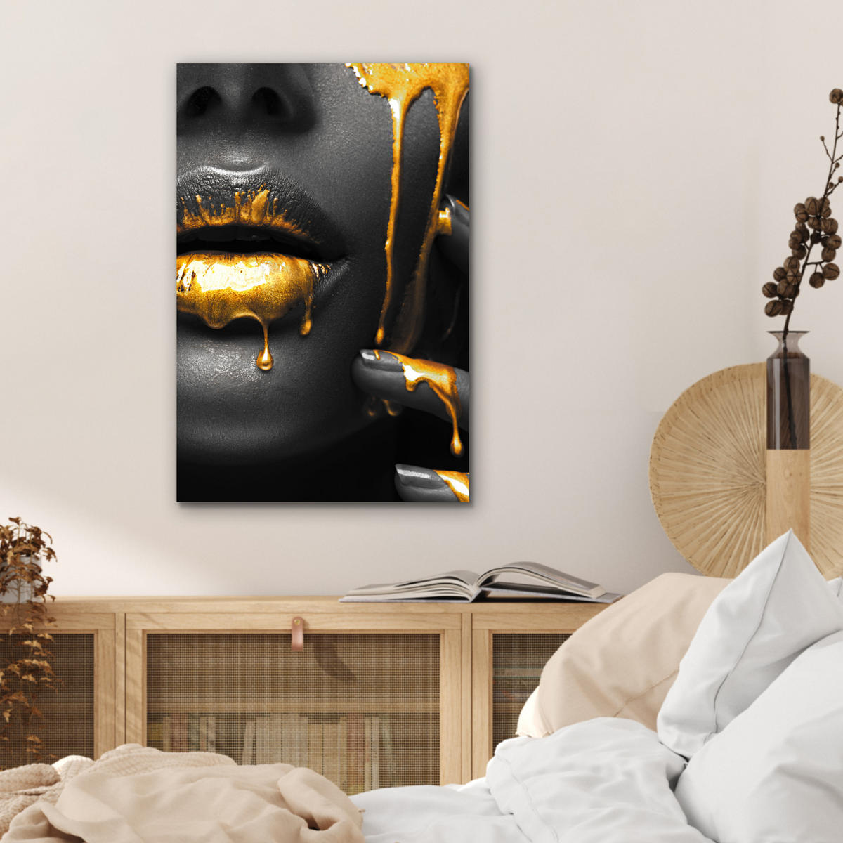 METALLBILD Frau - Schwarz - Gold - Gesicht - Lippen 40x60 cm - Goldfarben, Metall (40/60cm) - MuchoWow