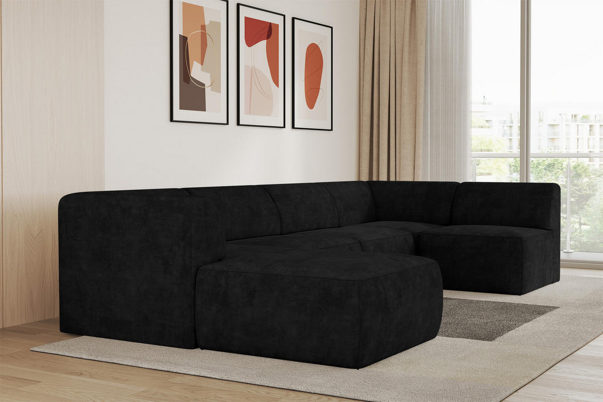 WOHNLANDSCHAFT Ottomane Links MOVO-L 345x180x78 cm Schwarz Velours - Schwarz, Holzwerkstoff/Kunststoff (345/78/180cm) - ALTDECOR