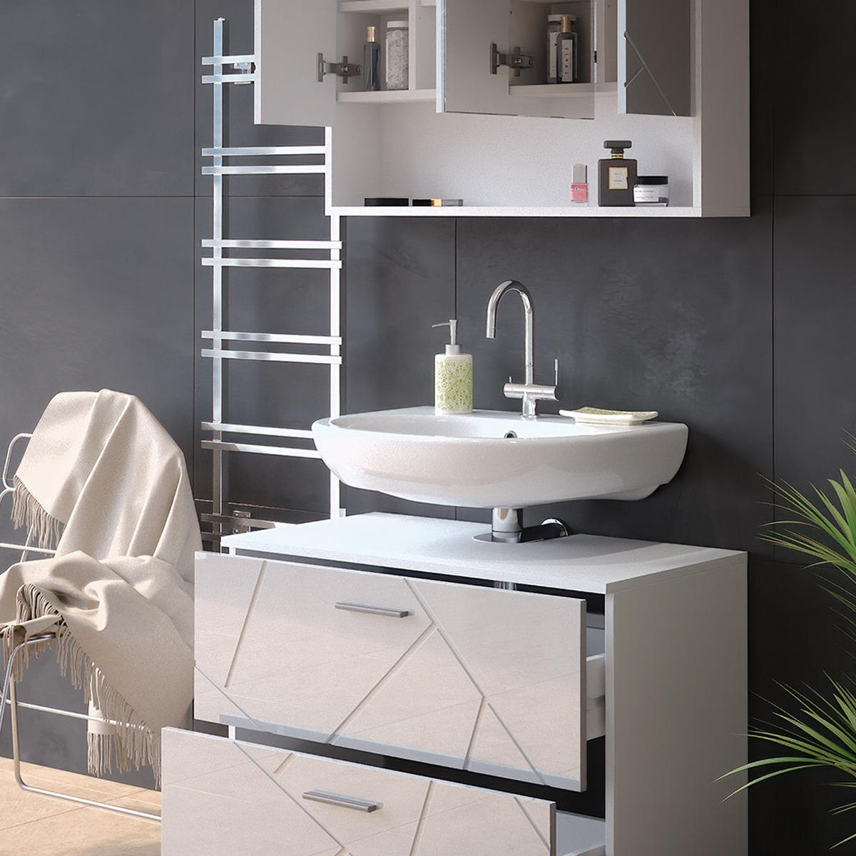 SADA NÁBYTKU DO KOUPELNY Irma Bílá vysoký lesk - bílá/vysoce lesklá bílá, kompozitní dřevo (80/58.6/41cm) - Vicco