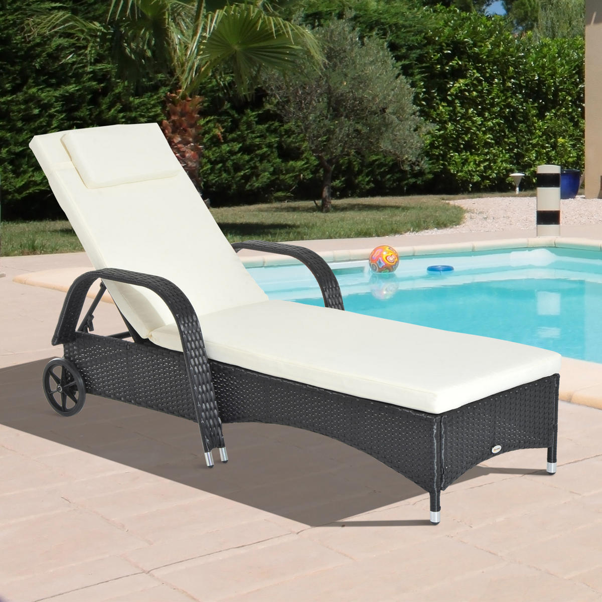 SONNENLIEGE, Polyrattan+Metall, Schwarz - Multicolor, Kunststoff (73/103/200cm) - Outsunny
