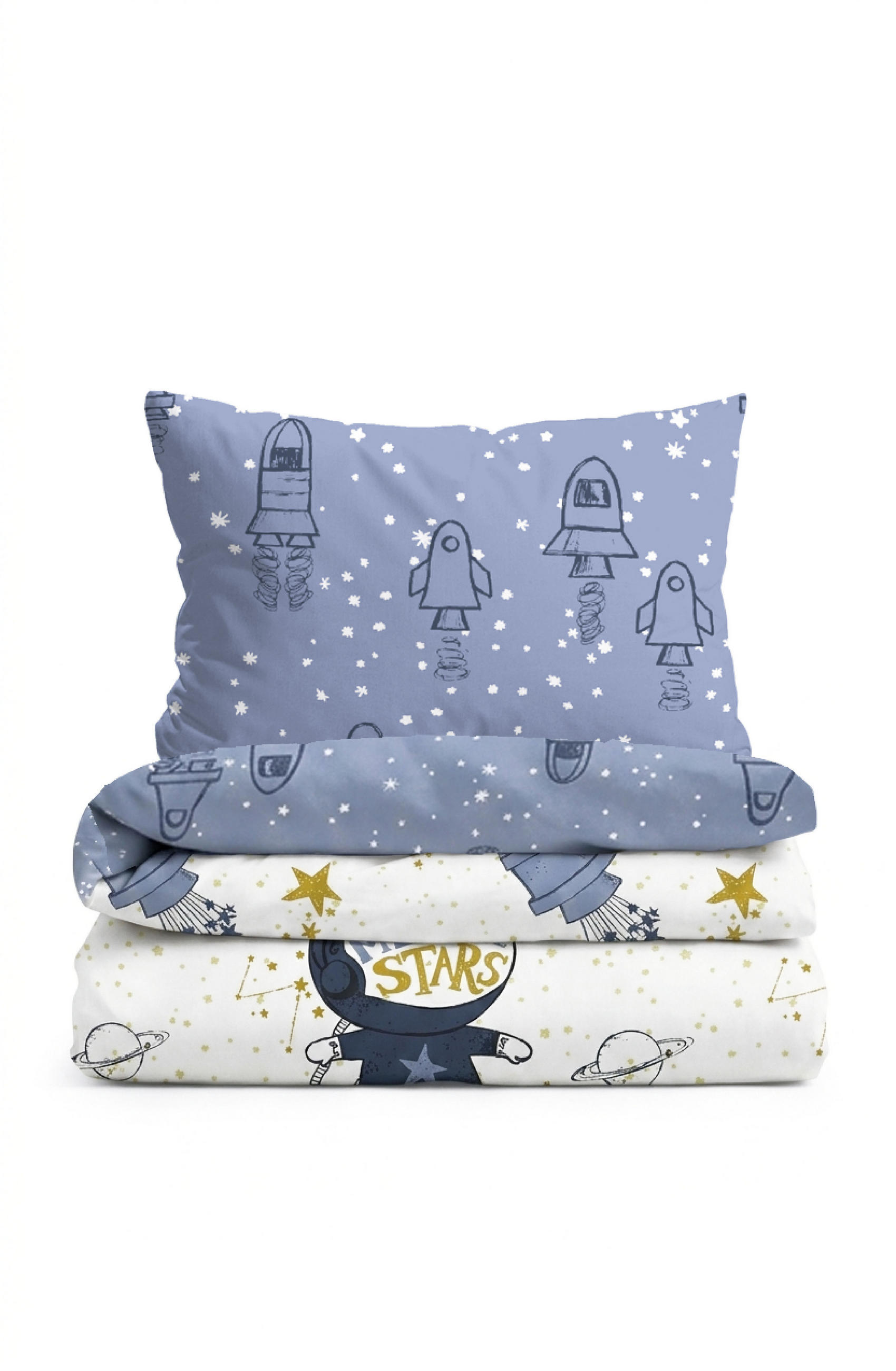 BETTWÄSCHE-GARNITUR Premium Biber Weltraum eisblau, 100x135 cm + 40x60 cm - Hellblau, Textil (100/135cm) - biberna