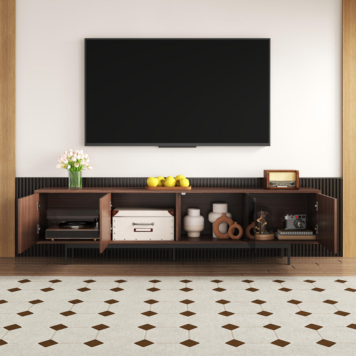 TV-ELEMENT200X35X53CM WalnussBraun Lowboard mit LEDLichtleiste und Glastür - Schwarz, Holz (42.19/24.61/62cm) - Raelunyi