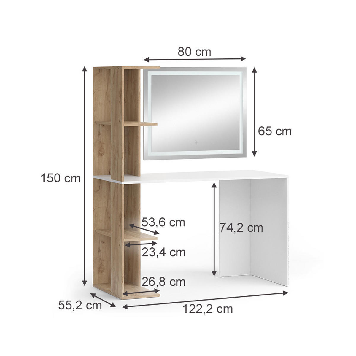 SCHMINKTISCH Tower Weiß/Sonoma 122.2 cm mit LED-Spiegel - Weiß/Sonoma Eiche, Holzwerkstoff (122.2/75.8/55.2cm) - Vicco