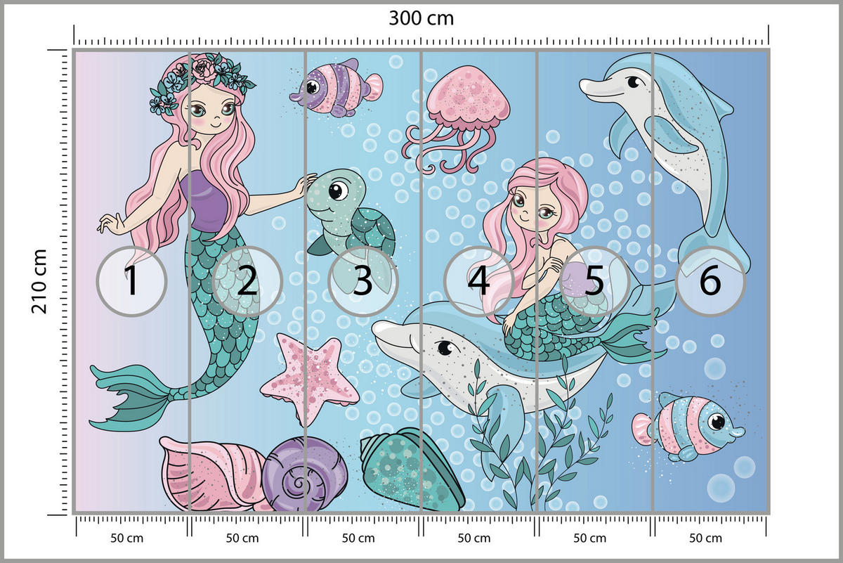 FOTOTAPETE für Kinderzimmer Meerjungfrauen Delfine Fische Muscheln Qualle Schildkröte 300x210 - Multicolor, Papier (300/210cm) - Muralo
