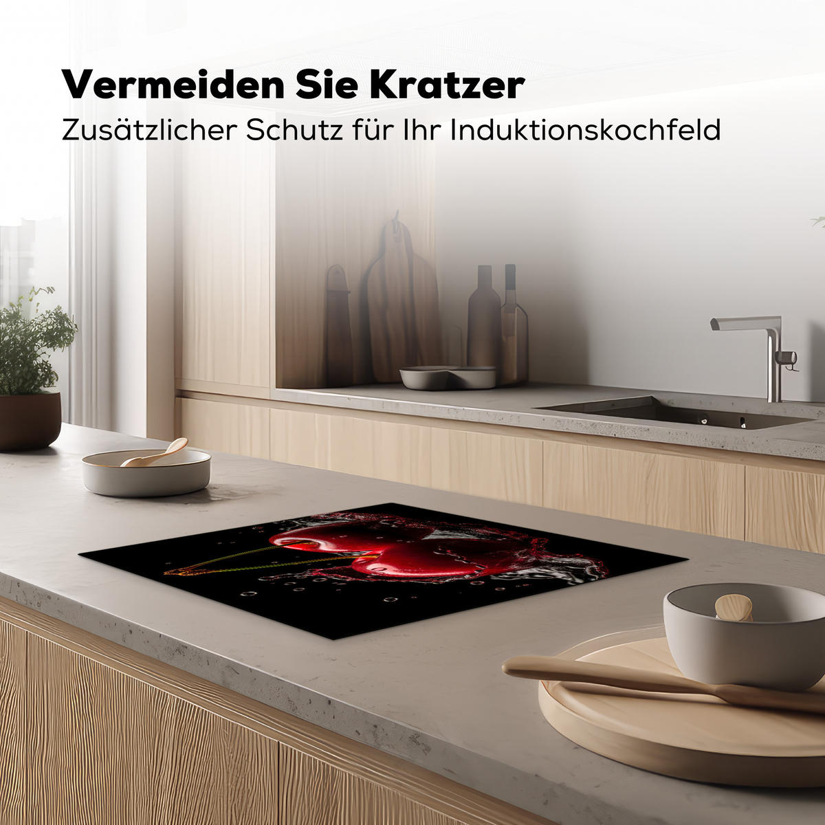 HERDABDECKPLATTE Kirsche - Rot - Frucht - Wasser - Schwarz 58x51 cm - Kirschrot, Kunststoff (58.3/0.2/51.3cm) - MuchoWow