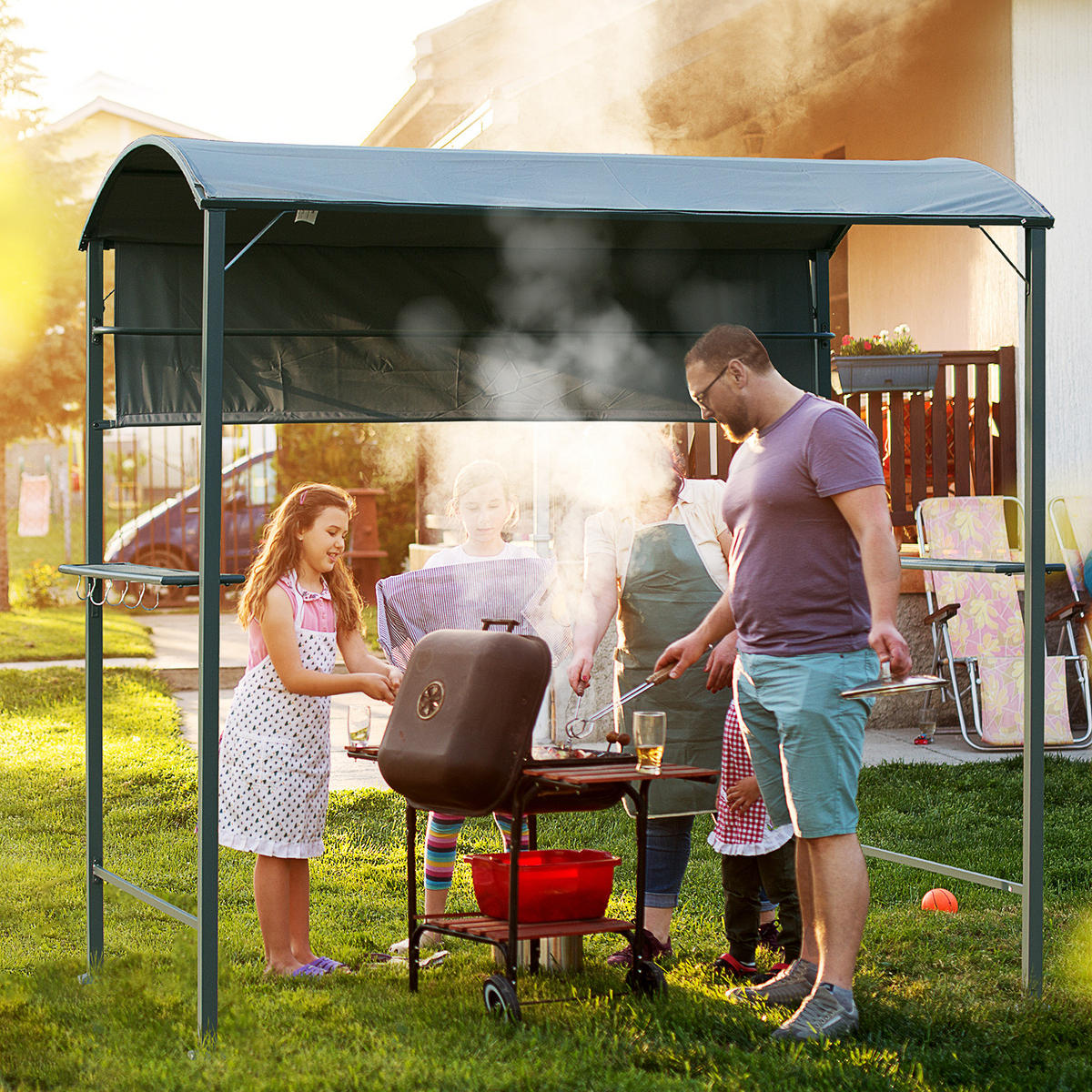 GRILLPAVILLON, Polyester, Schwarz - Grau, Metall (141/216/217cm) - Outsunny