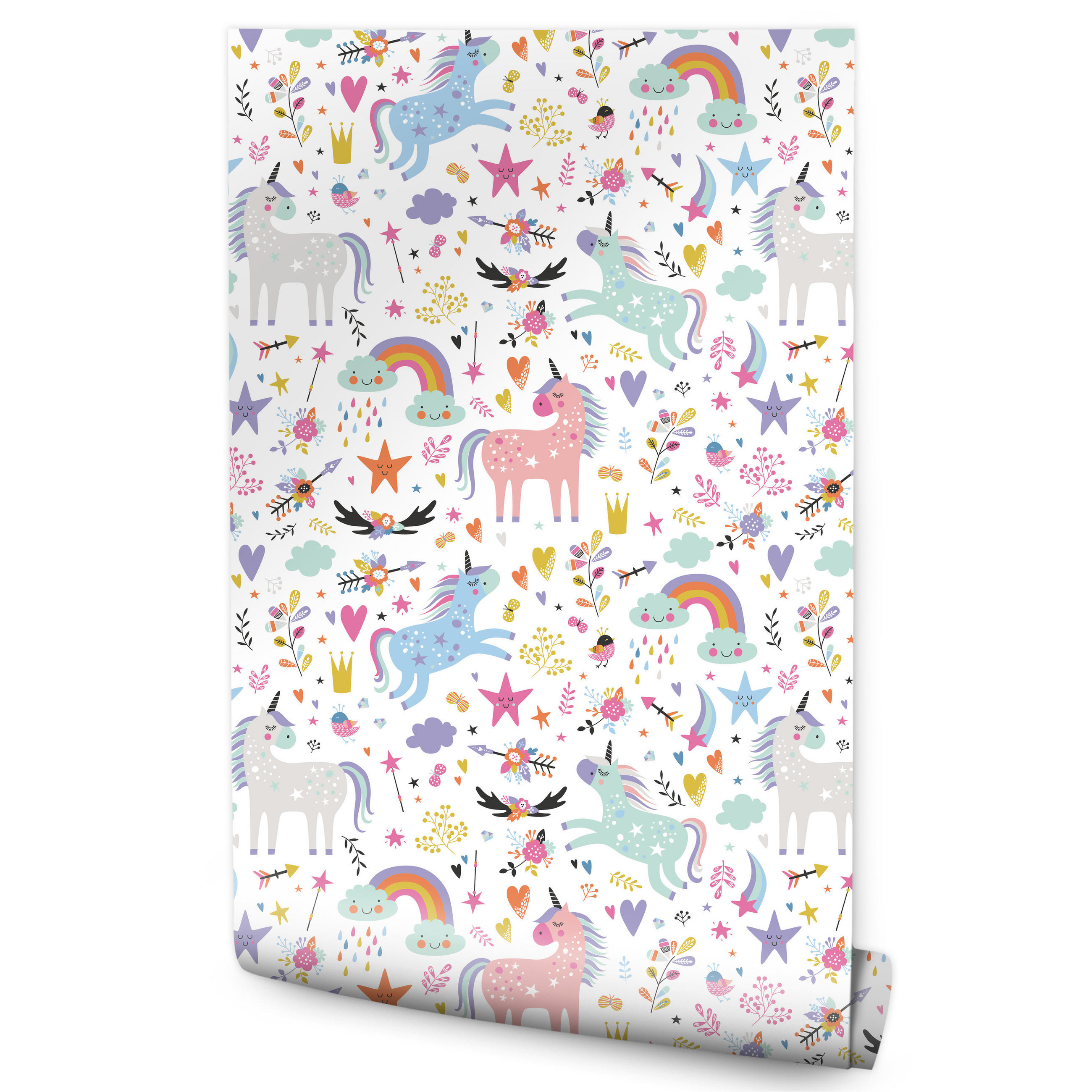 VLIESTAPETE Bunte Einhörner und Regenbogen – Bunt, Weiß – 50x1000 cm - Multicolor/Weiß, Papier (50/1000cm) - Muralo
