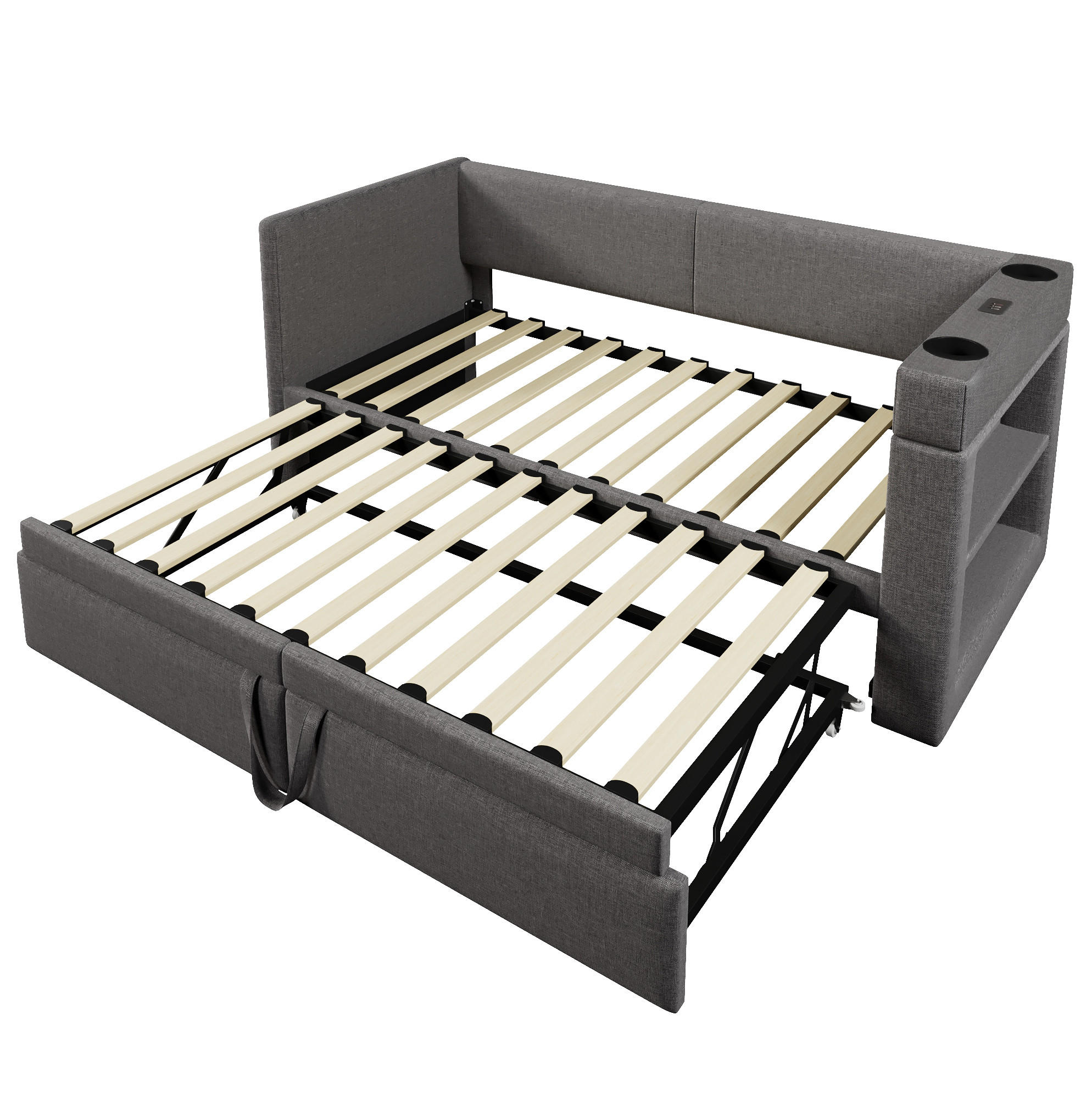 POLSTERBETT 90/200 cm mit Ausziehbett, USB- und Type-C-Anschluss sowie Getränkehalter, Grau - Grau, Textil (90/200cm) - Redom