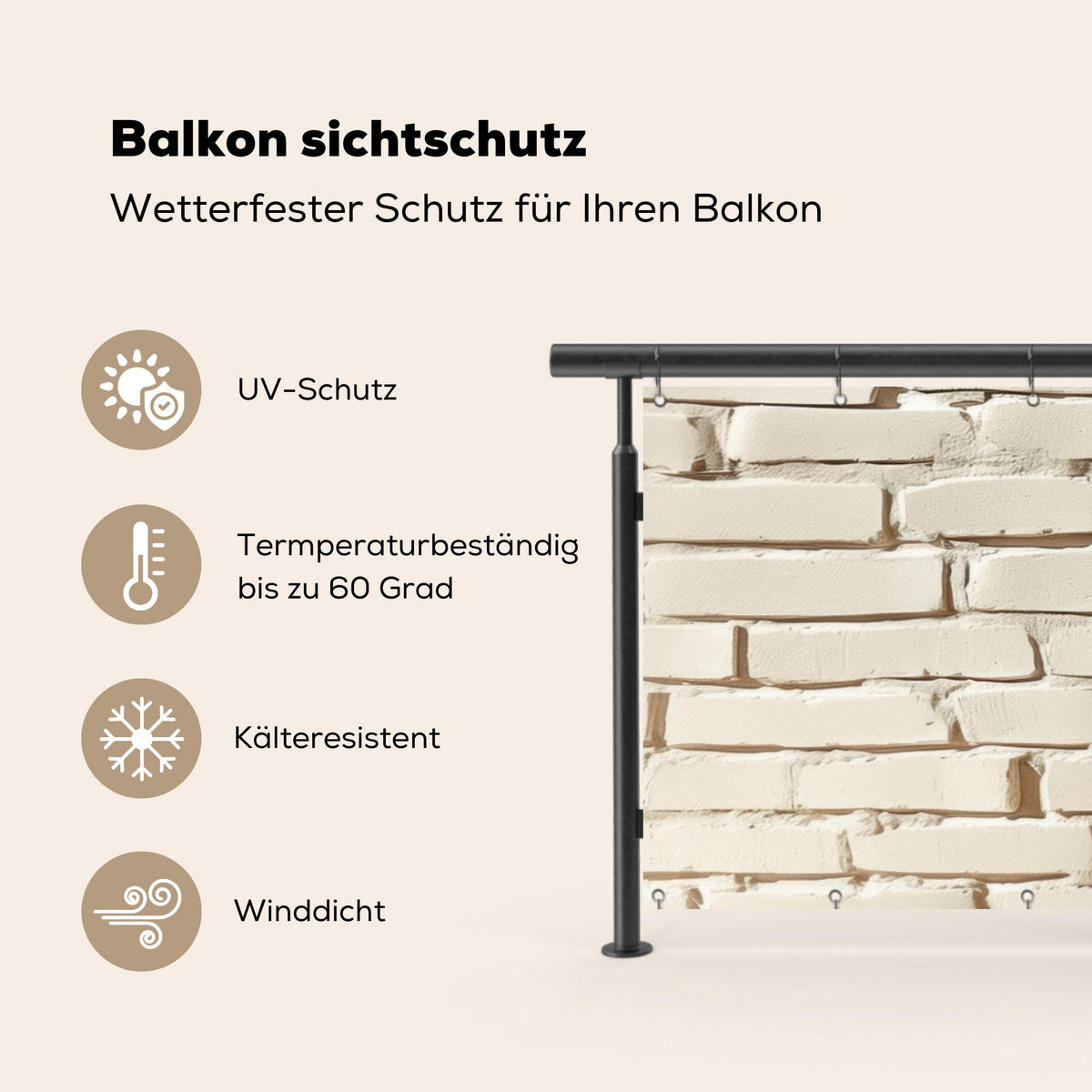 BALKON-SICHTSCHUTZ Ziegel - Wand - Licht - Weiß - Creme, Kunststoff (300/95cm) - MuchoWow