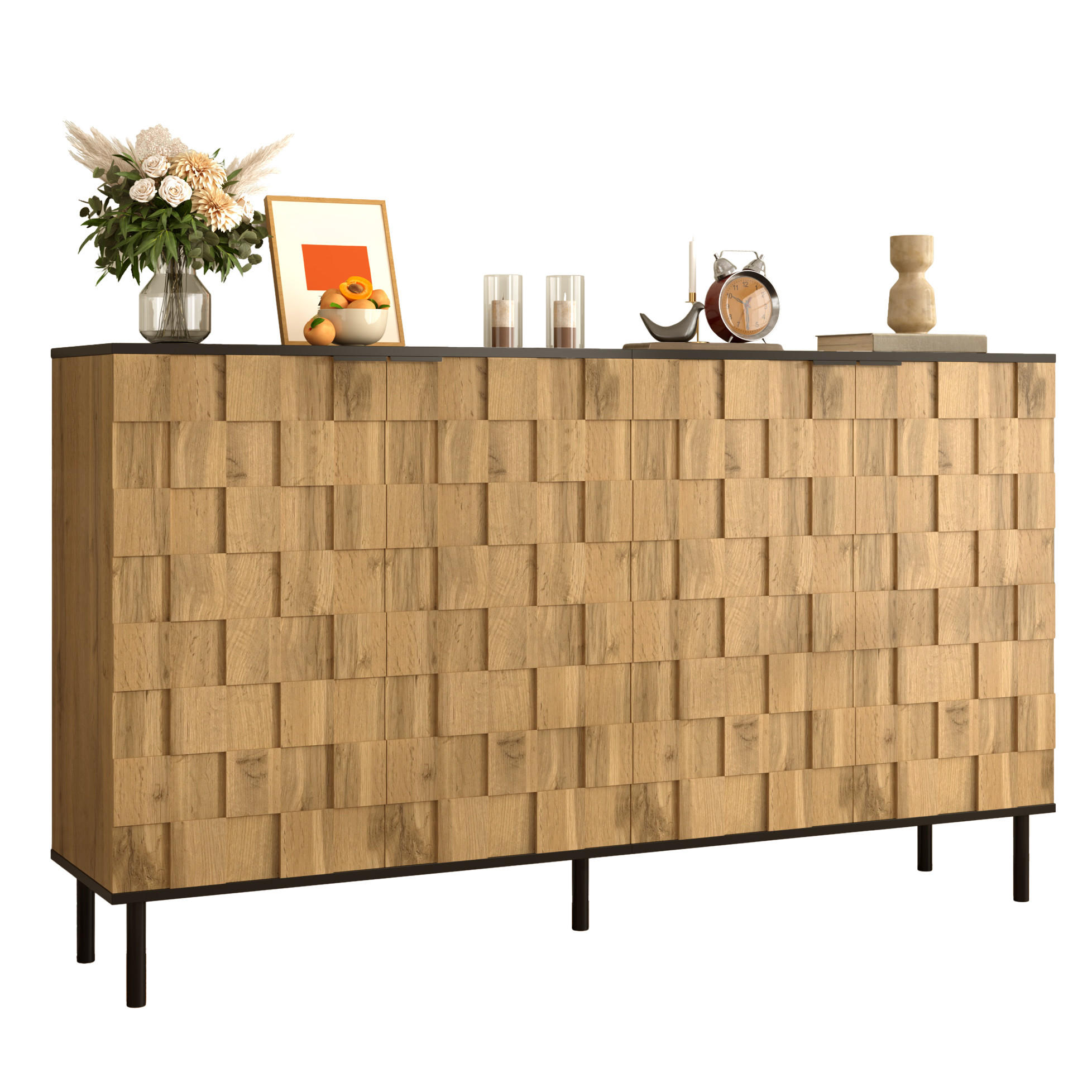 MOSAIC-SIDEBOARD 160/35/80,5 cm in Natur aus Spanplatte mit Metallfüßen - Schwarz/Naturfarben, Holzwerkstoff/Metall (80/91.5/35cm) - CHICFURN