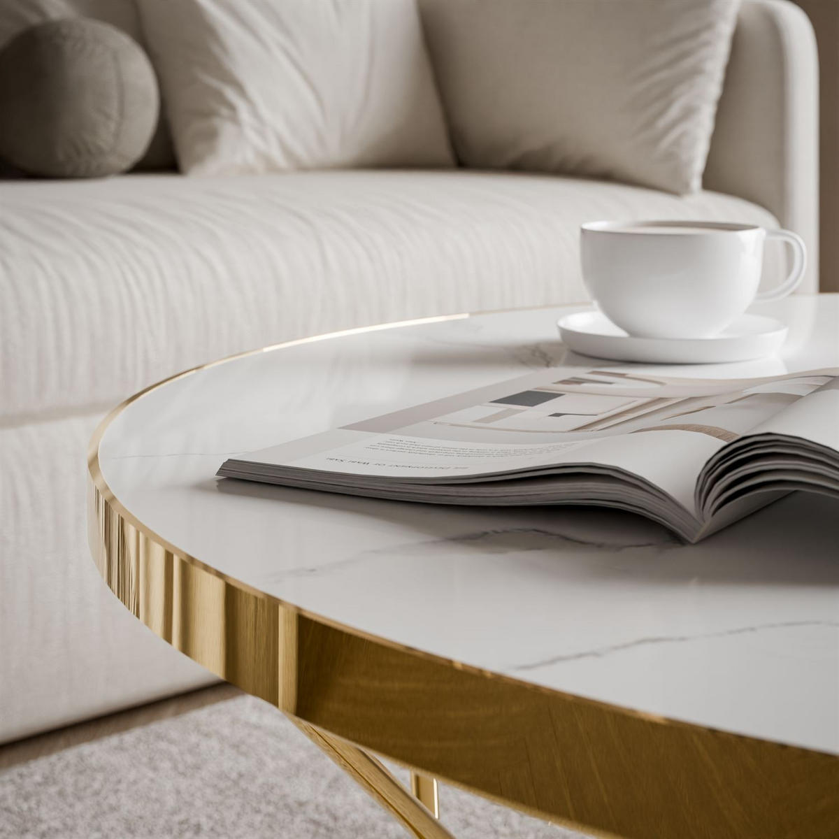 COUCHTISCH NORIEL mit goldenem Gestell und Marmorplatte - Weiß, Holzwerkstoff (80/80/39cm) - Lookway