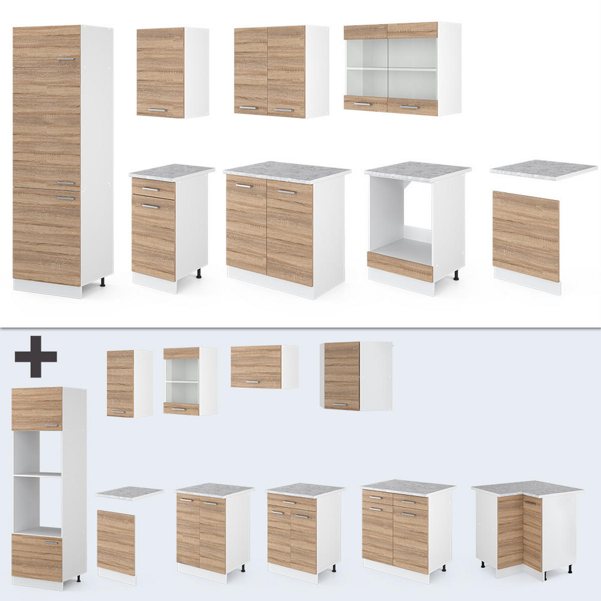 KÜCHENZEILE R-Line Sonoma/Weiß 300 cm, AP Eiche - Weiß/Sonoma Eiche, Holzwerkstoff (300/81.6/60cm) - Vicco