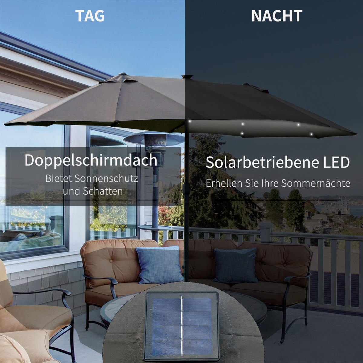 DOPPELSONNENSCHIRM 440 x 260 cm mit Handkurbel Oval Metall Dunkelgrau - Dunkelgrau, Kunststoff (440/260cm) - Outsunny