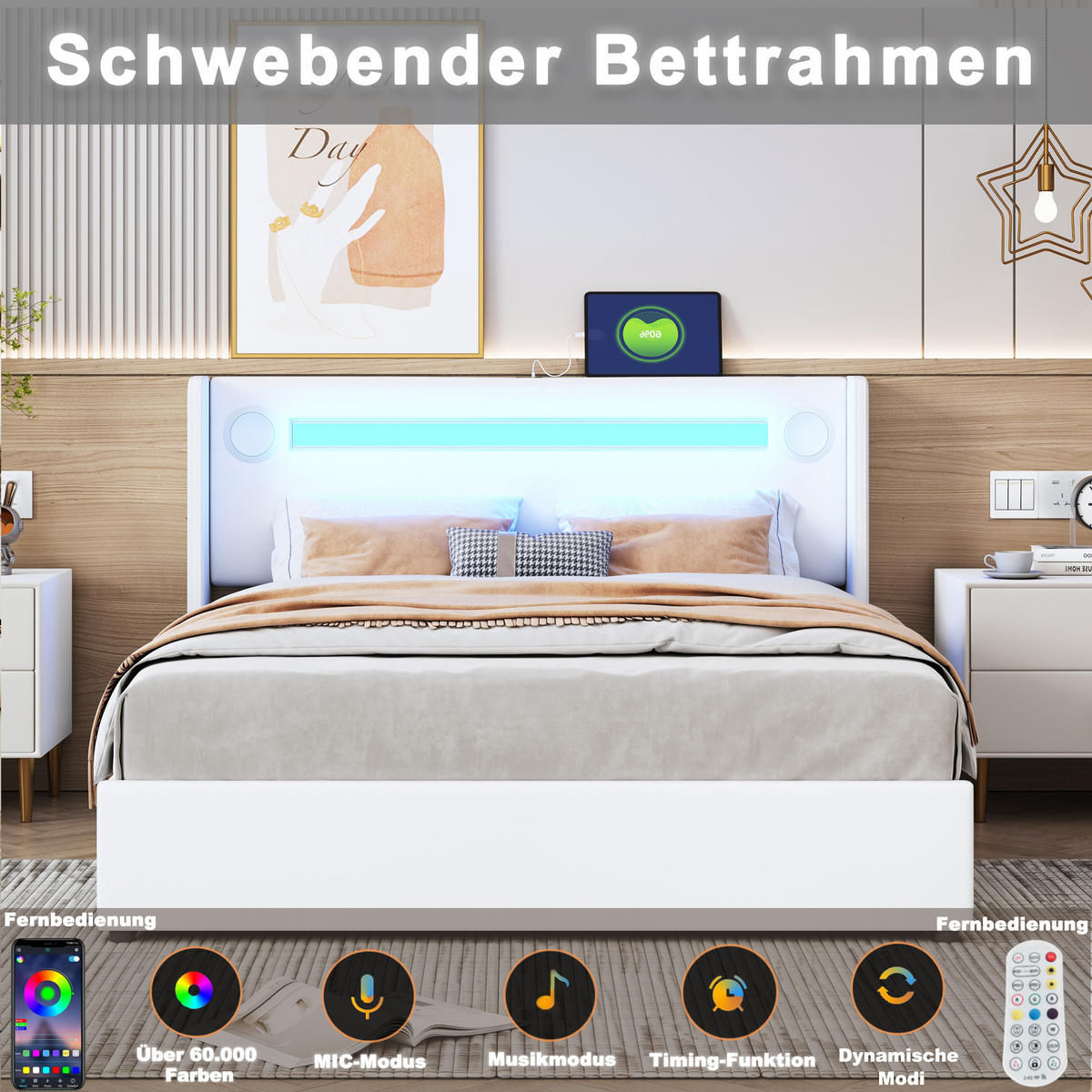 POLSTERBETT 160x200 LED Bluetooth USB Stauraum Weiß - Weiß, Holzwerkstoff - FLIEKS