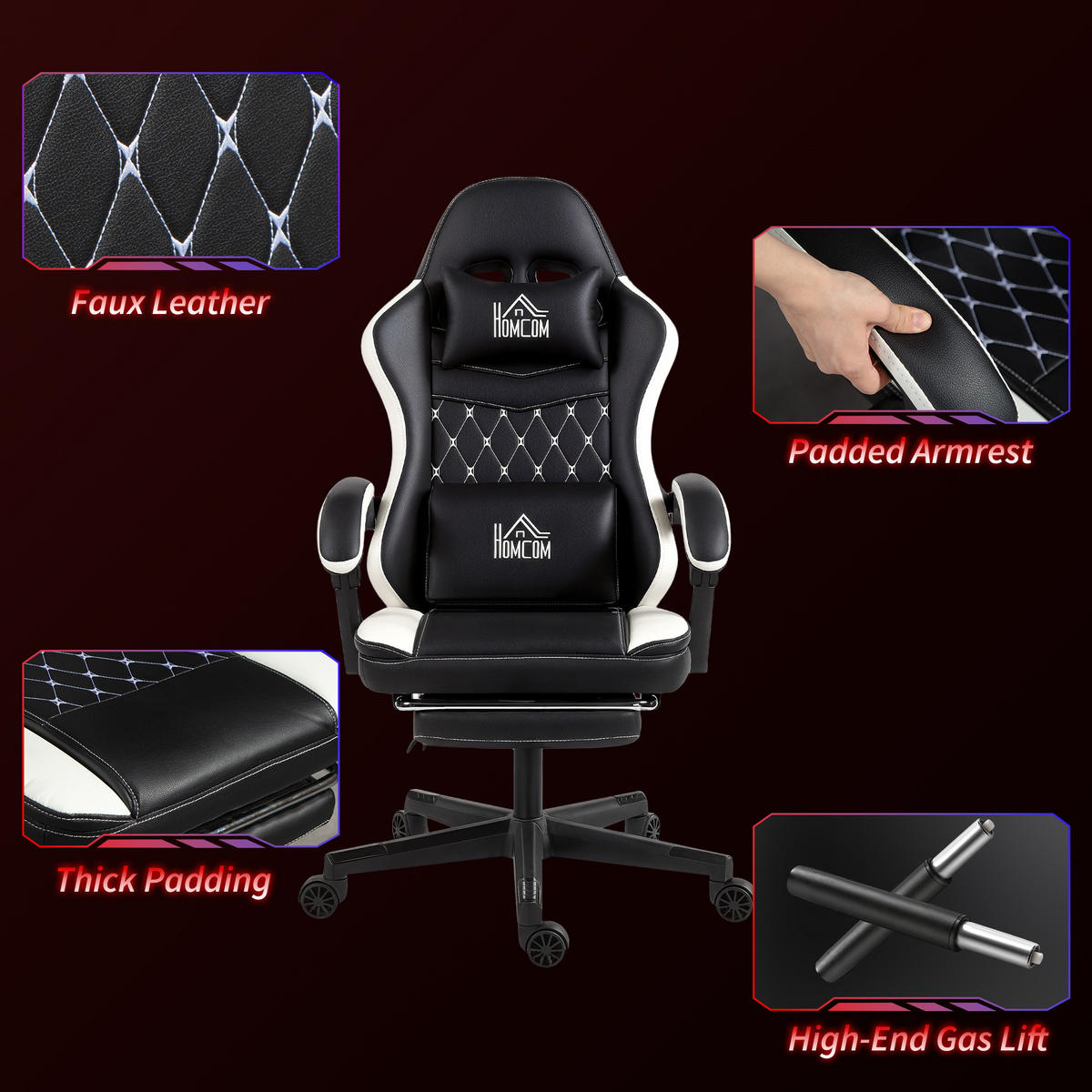 HERNÍ ŽIDLE Ergonomická s bederní opěrkou, podnožka Zelená - černá, plast (64/128/65cm) - HOMCOM