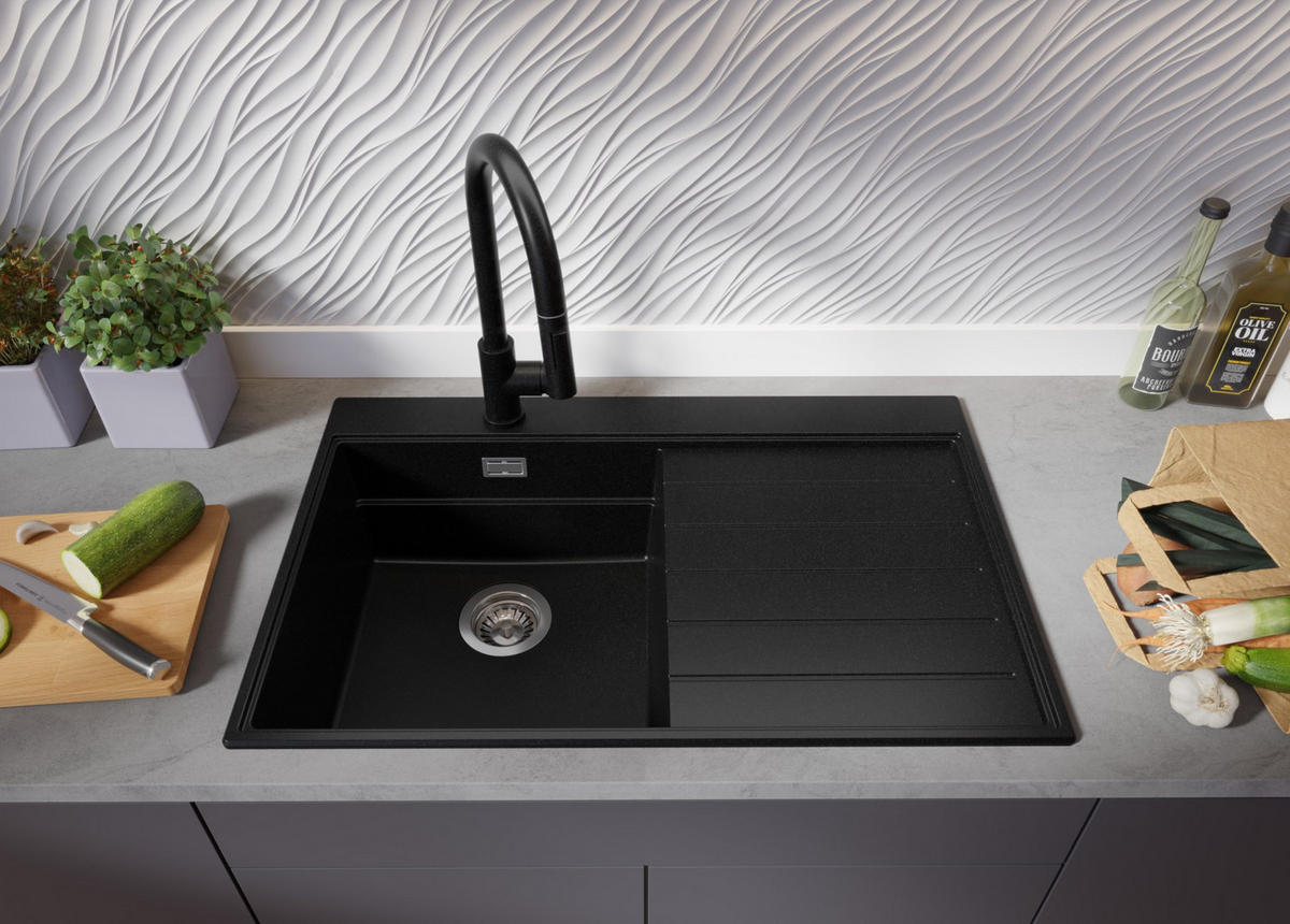 SPÜLBECKEN Sydney, 2-er set Schwarz 78/50 cm 1 Becken + Ablauf-Set + Küchenzubehörset ab 45er Unterschrank - Chromfarben/Beige, Kunststoff (78/20/50cm) - Primagran